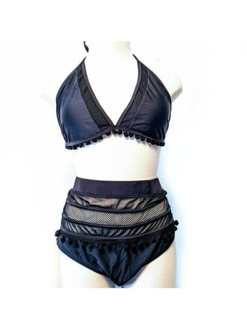 Women's Black High Waist Mesh Bikini L Halter Two Piece Pom Pom Swimsuit
